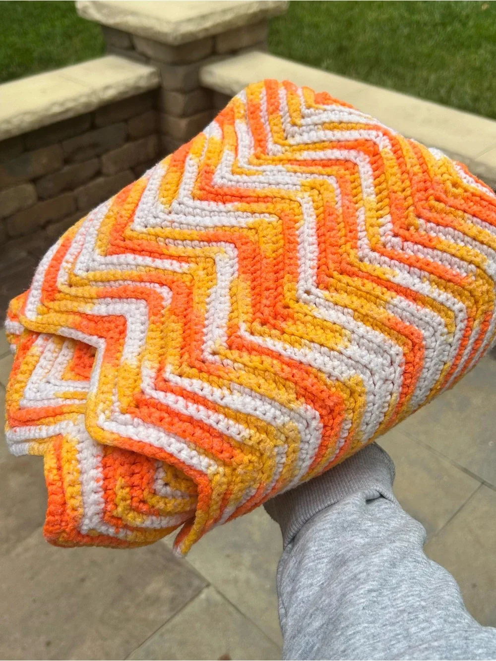 Crochet blanket chevron pattern orange yellow white 3x4 ft